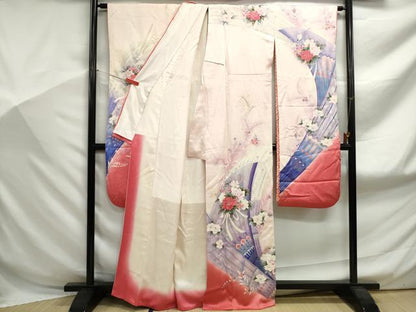 平和屋着物■豪華振袖 刺繍 孔雀羽花文 暈し染め 銀彩 正絹 逸品 DABF9071qa
