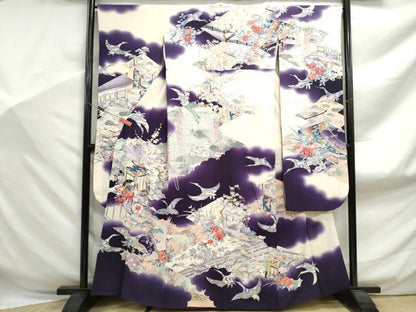 平和屋着物■豪華振袖 飛鶴風景花文 暈し染め 金銀彩 正絹 逸品 DABF9099qa
