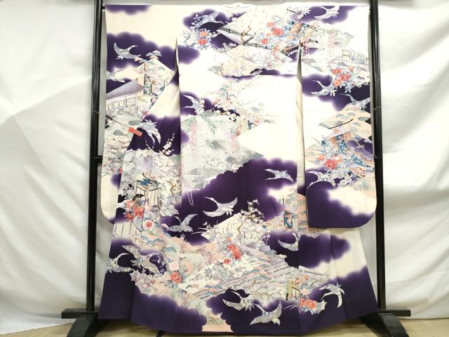 平和屋着物■豪華振袖 飛鶴風景花文 暈し染め 金銀彩 正絹 逸品 DABF9099qa
