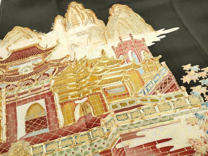 平和屋着物■豪華黒留袖 駒刺繍 風景花文 金彩 正絹 逸品 DABF9105qa
