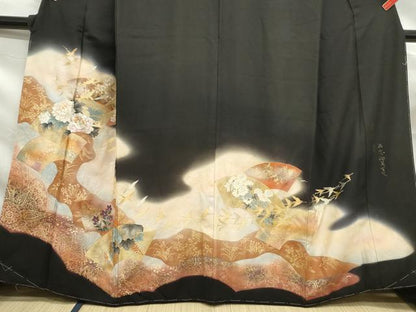 平和屋着物■豪華黒留袖　作家物　群れ鶴地紙花文　暈し染め　金銀彩　正絹　逸品　DABF9111qa