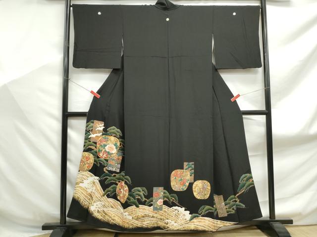 平和屋着物■豪華黒留袖　駒刺繍　飛鶴浜松文　金彩　正絹　逸品　DABF9116qa