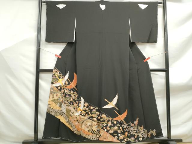 平和屋着物■豪華黒留袖　駒刺繍　宝尽くし群れ鶴文　金銀彩　正絹　逸品　DABF9123qa