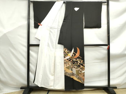 平和屋着物■豪華黒留袖　駒刺繍　宝尽くし群れ鶴文　金銀彩　正絹　逸品　DABF9123qa