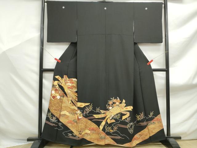 平和屋着物■豪華黒留袖　駒刺繍　束ね熨斗枝松文　金彩　正絹　逸品　DABF9127qa