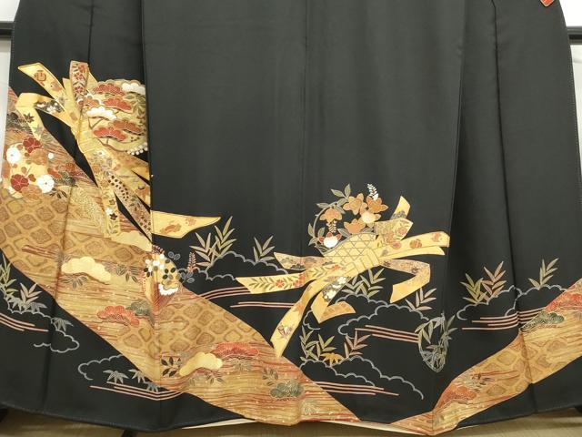 平和屋着物■豪華黒留袖　駒刺繍　束ね熨斗枝松文　金彩　正絹　逸品　DABF9127qa