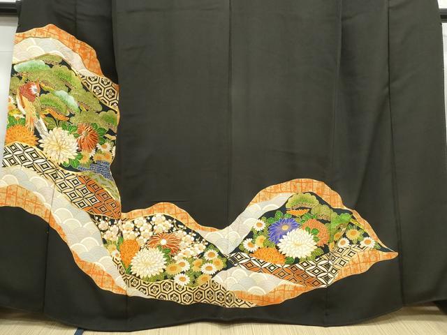 平和屋着物■豪華黒留袖　駒刺繍　枝松花鳥文　金彩　正絹　逸品　DABF9131qa