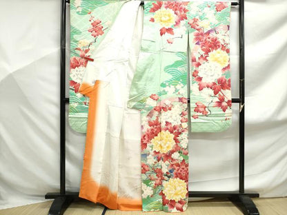 平和屋着物■豪華振袖　駒刺繍　枝梅牡丹尽くし　金彩　正絹　逸品　DABF9138qa