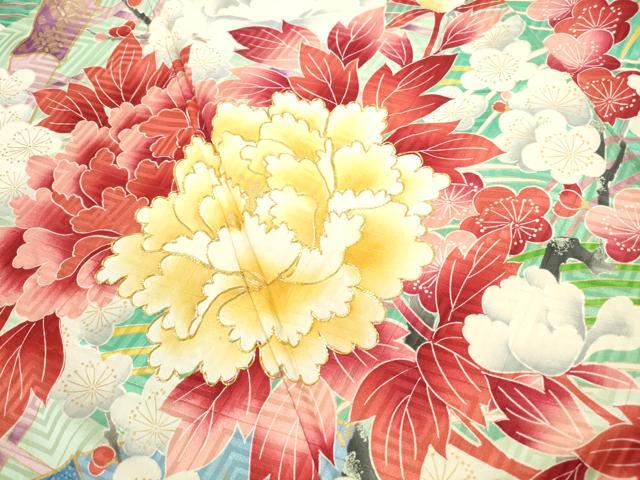 平和屋着物■豪華振袖　駒刺繍　枝梅牡丹尽くし　金彩　正絹　逸品　DABF9138qa