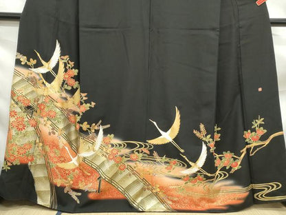 平和屋着物■豪華黒留袖　作家物　駒刺繍　渡橋群れ鶴文　暈し染め　金彩　正絹　逸品　DABF9151qa