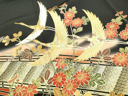 平和屋着物■豪華黒留袖　作家物　駒刺繍　渡橋群れ鶴文　暈し染め　金彩　正絹　逸品　DABF9151qa