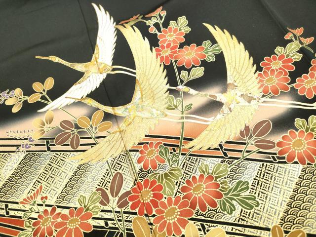 平和屋着物■豪華黒留袖　作家物　駒刺繍　渡橋群れ鶴文　暈し染め　金彩　正絹　逸品　DABF9151qa