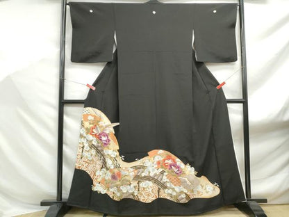 平和屋着物■豪華黒留袖　駒刺繍　渡橋地紙花鳥文　金彩　正絹　逸品　DABF9153qa