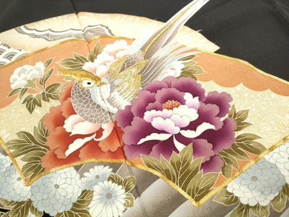 平和屋着物■豪華黒留袖　駒刺繍　渡橋地紙花鳥文　金彩　正絹　逸品　DABF9153qa