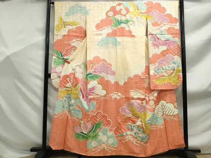 平和屋着物■豪華振袖　駒刺繍　飛鶴枝松花文　金糸　金彩　正絹　逸品　DABF9161qa