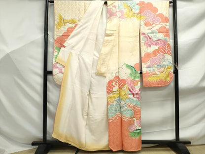 平和屋着物■豪華振袖　駒刺繍　飛鶴枝松花文　金糸　金彩　正絹　逸品　DABF9161qa