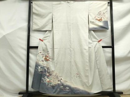 平和屋着物■訪問着　紬地　向かい鶴流水花文　暈し染め　金彩　正絹　逸品　DABF9173qa