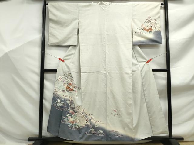 平和屋着物■訪問着　紬地　向かい鶴流水花文　暈し染め　金彩　正絹　逸品　DABF9173qa