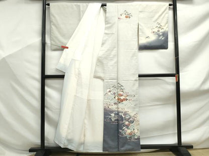 平和屋着物■訪問着　紬地　向かい鶴流水花文　暈し染め　金彩　正絹　逸品　DABF9173qa