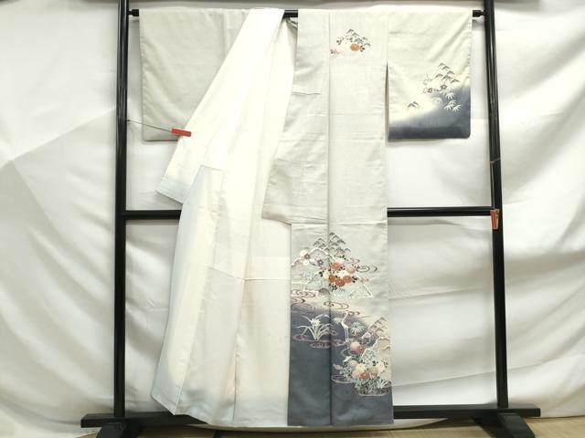 平和屋着物■訪問着　紬地　向かい鶴流水花文　暈し染め　金彩　正絹　逸品　DABF9173qa