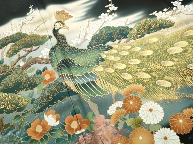 平和屋着物■豪華黒留袖 作家物 孔雀枝花文 暈し染め 金彩 正絹 逸品 DABF9190qa