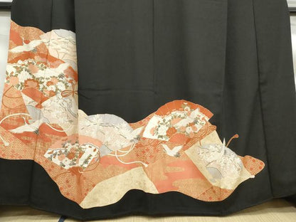 平和屋着物■豪華黒留袖 群れ鶴檜扇文 金彩 正絹 逸品 DABF9195qa
