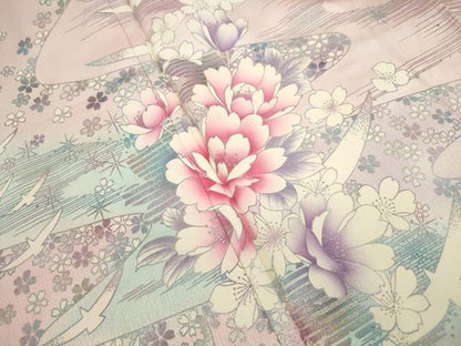平和屋着物■訪問着　霞花鳥文　暈し染め　銀彩　正絹　逸品　DABF9210qa