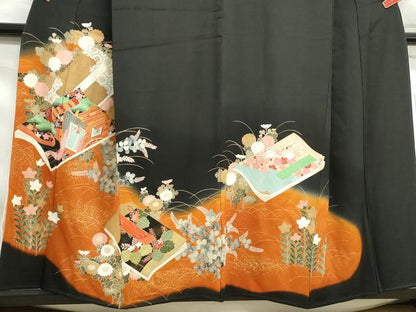 平和屋着物■豪華黒留袖　駒刺繍　枝松冊子花文　暈し染め　金彩　正絹　逸品　DABF9213qa