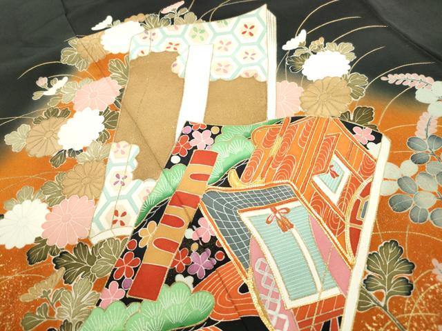 平和屋着物■豪華黒留袖　駒刺繍　枝松冊子花文　暈し染め　金彩　正絹　逸品　DABF9213qa