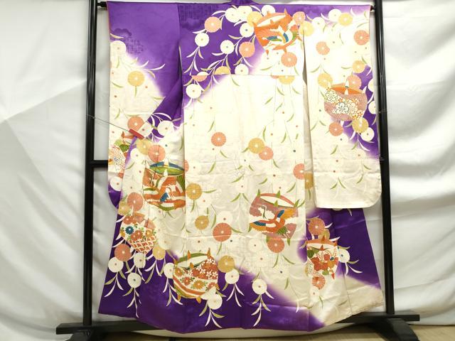 平和屋着物■豪華振袖 駒刺繍 飛鶴糸車花文 暈し染め 金銀彩 正絹 逸品 DABF9222qa