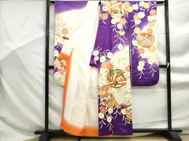 平和屋着物■豪華振袖 駒刺繍 飛鶴糸車花文 暈し染め 金銀彩 正絹 逸品 DABF9222qa