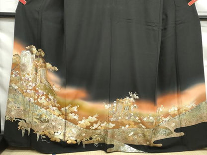 平和屋着物■豪華黒留袖 駒刺繍 浜松御所車花文 暈し染め 金銀彩 正絹 逸品 DABF9230qa