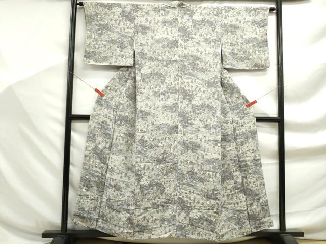 平和屋着物■上質な小紋　人物風景文　金彩　鬼しぼ縮緬　正絹　逸品　DABF9244qa