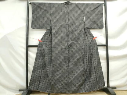 平和屋着物■上質な紬　よろけ縞　十字絣　黒地　正絹　逸品　DABF9245qa