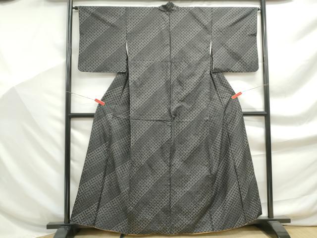 平和屋着物■上質な紬　よろけ縞　十字絣　黒地　正絹　逸品　DABF9245qa