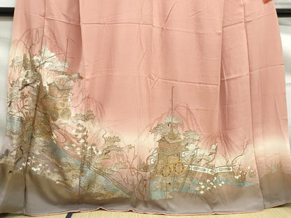平和屋着物■豪華色留袖　渡橋風景花文　暈し染め　金銀彩　正絹　逸品　DABF9248qa