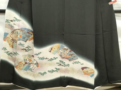 平和屋着物■豪華黒留袖　駒刺繍　流水地紙鴛鴦花文　暈し染め　金銀彩　正絹　逸品　DABF9260qa