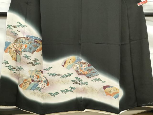 平和屋着物■豪華黒留袖　駒刺繍　流水地紙鴛鴦花文　暈し染め　金銀彩　正絹　逸品　DABF9260qa