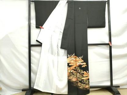 平和屋着物■豪華黒留袖　駒刺繍　渡橋鴛鴦花松文　金彩　正絹　逸品　DABF9262qa