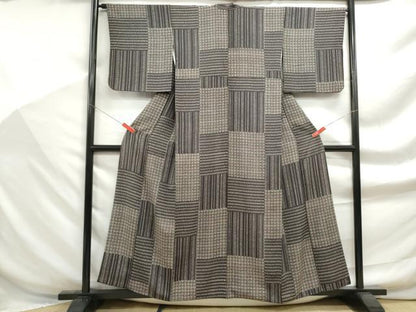 平和屋着物■上質な小紋　幾何学格子文　黒地　正絹　逸品　DABF9267qa