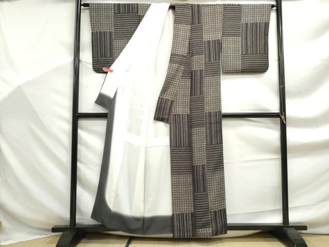 平和屋着物■上質な小紋　幾何学格子文　黒地　正絹　逸品　DABF9267qa
