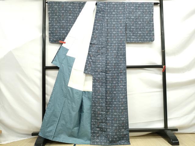 平和屋着物■上質な紬　格子菱文　正絹　逸品　DABF9268qa