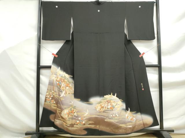 平和屋着物■豪華黒留袖　作家物　檜扇群れ鶴花文　金彩浪漫　暈し染め　金彩　正絹　逸品　DABF9278qa