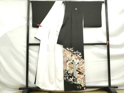 平和屋着物■豪華黒留袖　駒刺繍　群れ鶴花文　正絹　逸品　DABF9280qa