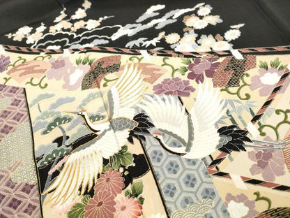 平和屋着物■豪華黒留袖　駒刺繍　群れ鶴花文　正絹　逸品　DABF9280qa