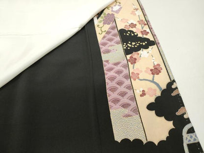 平和屋着物■豪華黒留袖　駒刺繍　群れ鶴花文　正絹　逸品　DABF9280qa