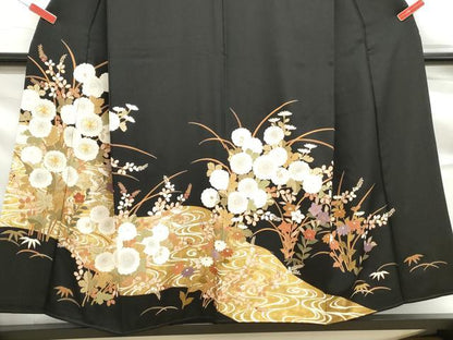 平和屋着物■豪華黒留袖　駒刺繍　流水花文　金彩　正絹　逸品　DABF9298qa
