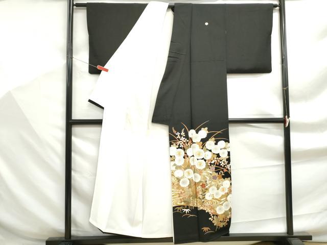 平和屋着物■豪華黒留袖　駒刺繍　流水花文　金彩　正絹　逸品　DABF9298qa