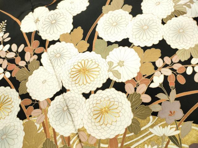 平和屋着物■豪華黒留袖　駒刺繍　流水花文　金彩　正絹　逸品　DABF9298qa