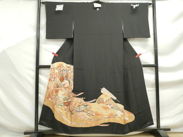 平和屋着物■豪華黒留袖　扇面御所車花文　金彩　正絹　逸品　DABF9300qa